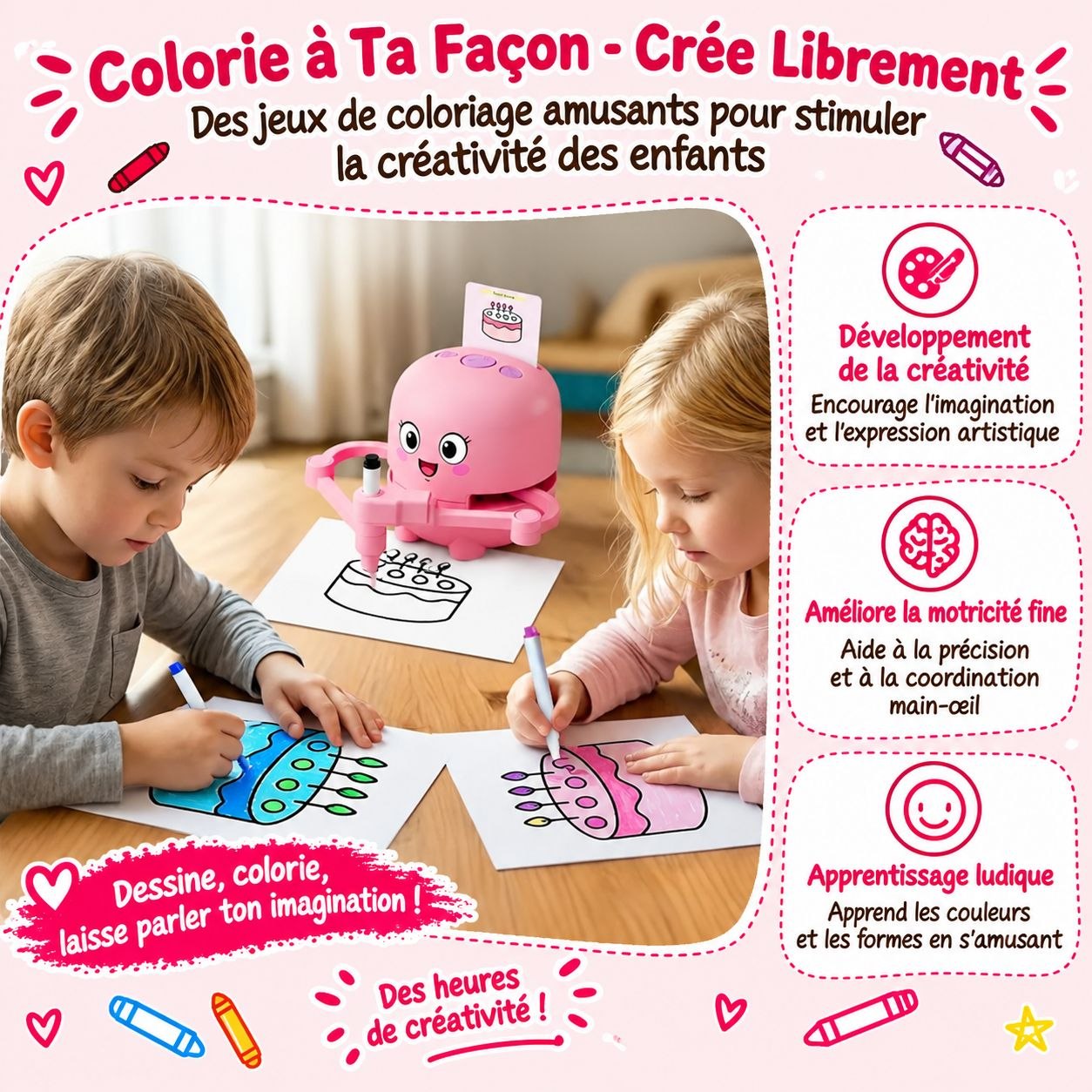 L'enfant colorie librement son dessin